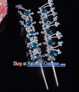 Chinese Ancient Peking Opera Pink Flowers Hair Accessories Young Lady Headwear, Traditional Chinese Beijing Opera Head Ornaments Hua Tan Blue Crystal Hairpins