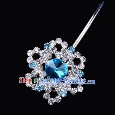 Chinese Ancient Peking Opera Pink Flowers Hair Accessories Headwear, Traditional Chinese Beijing Opera Head Ornaments Hua Tan Colorful Blue Hexagonal Crystal Bulb Hairpins