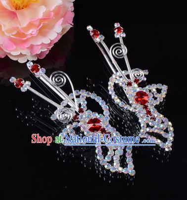 Chinese Ancient Peking Opera Hair Accessories Young Lady Headwear, Traditional Chinese Beijing Opera Head Ornaments Hua Tan Butterfly Red Crystal Hairpins