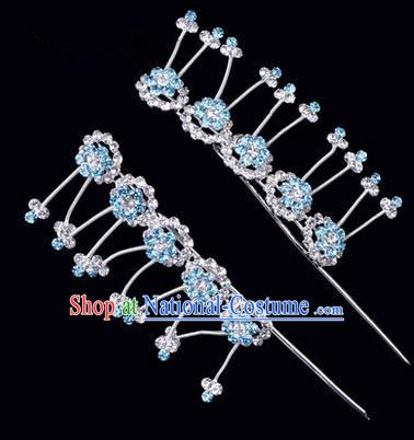 Chinese Ancient Peking Opera Hair Accessories Young Lady Headwear, Traditional Chinese Beijing Opera Head Ornaments Hua Tan Plum Blossom Blue Crystal Hairpins