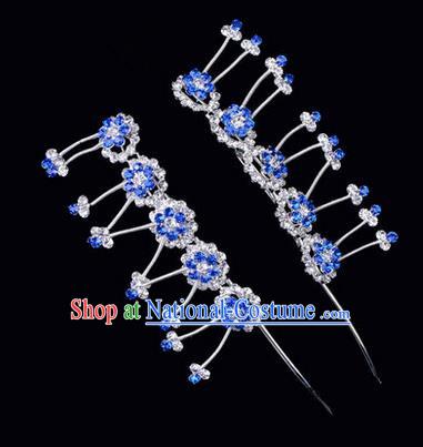 Chinese Ancient Peking Opera Hair Accessories Young Lady Headwear, Traditional Chinese Beijing Opera Head Ornaments Hua Tan Plum Blossom Blue Crystal Hairpins