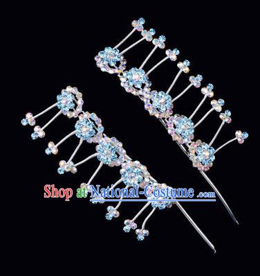 Chinese Ancient Peking Opera Hair Accessories Young Lady Headwear, Traditional Chinese Beijing Opera Head Ornaments Hua Tan Plum Blossom Colorful Blue Crystal Hairpins