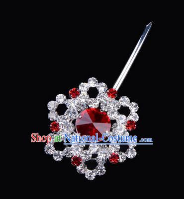 Chinese Ancient Peking Opera Pink Flowers Hair Accessories Headwear, Traditional Chinese Beijing Opera Head Ornaments Hua Tan Red Hexagonal Crystal Bulb Hairpins