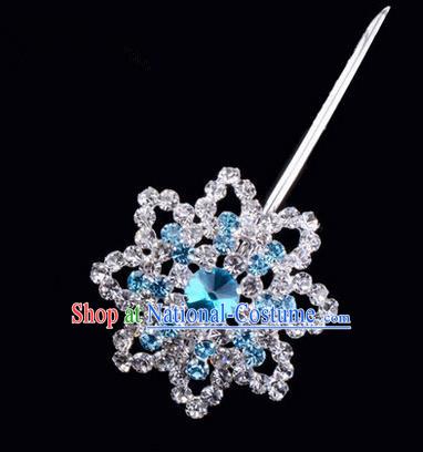 Chinese Ancient Peking Opera Pink Flowers Hair Accessories Headwear, Traditional Chinese Beijing Opera Head Ornaments Hua Tan Colorful Blue Octagon Crystal Bulb Hairpins