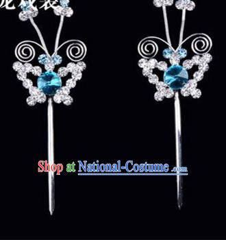 Chinese Ancient Peking Opera Pink Flowers Hair Accessories Headwear, Traditional Chinese Beijing Opera Head Ornaments Hua Tan Blue Butterfly Crystal Hairpins