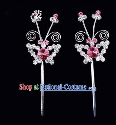 Chinese Ancient Peking Opera Pink Flowers Hair Accessories Headwear, Traditional Chinese Beijing Opera Head Ornaments Hua Tan Pink Butterfly Crystal Hairpins