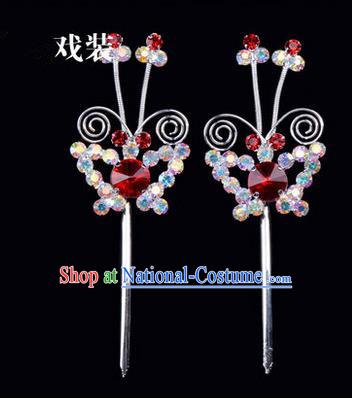 Chinese Ancient Peking Opera Pink Flowers Hair Accessories Headwear, Traditional Chinese Beijing Opera Head Ornaments Hua Tan Colorful Red Butterfly Crystal Hairpins