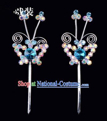 Chinese Ancient Peking Opera Pink Flowers Hair Accessories Headwear, Traditional Chinese Beijing Opera Head Ornaments Hua Tan Colorful Blue Butterfly Crystal Hairpins