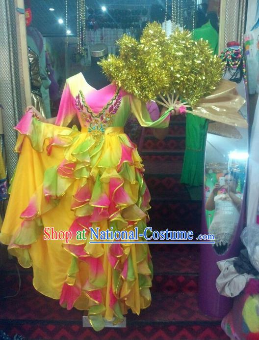 Top Grade Compere Professional Compere Costume, Ballroom Dance Dress Modern Opening Dance Fan Dance Big Swing Yellow Dress for Women