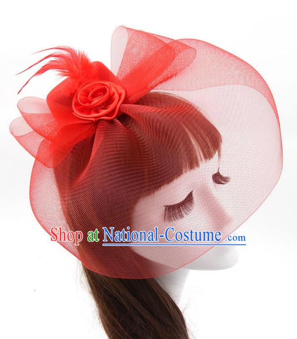 Top Modern Dance Hair Accessories, Female Red Veil Top Hat Ornament Headband for Women