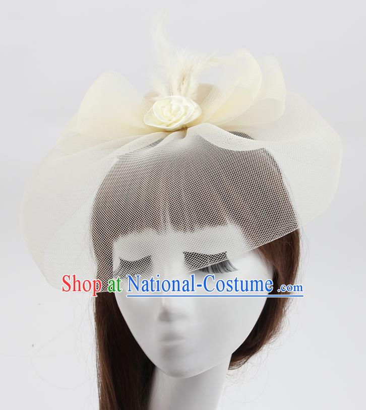 Top Modern Dance Hair Accessories, Female Beige Veil Top Hat Ornament Headband for Women