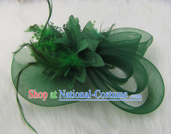 Top Modern Dance Hair Accessories Hair Clasp, Female Green Feather Veil Ornament Headband for Women