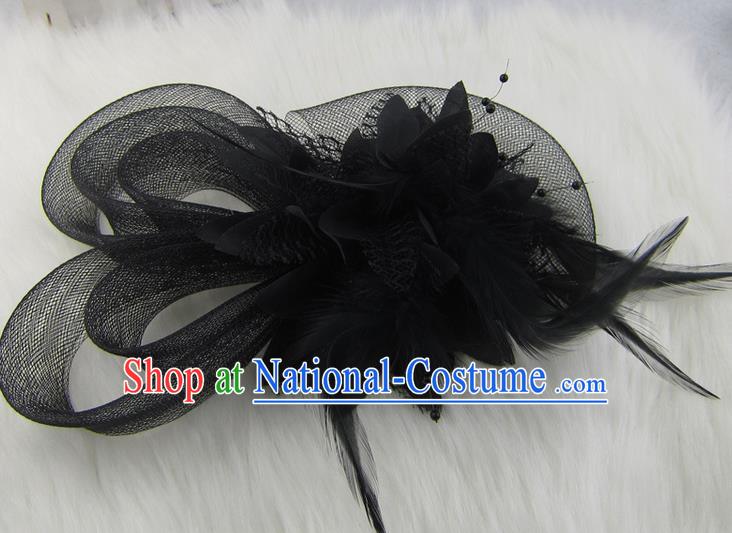 Top Modern Dance Hair Accessories Hair Clasp, Female Black Feather Veil Ornament Headband for Women