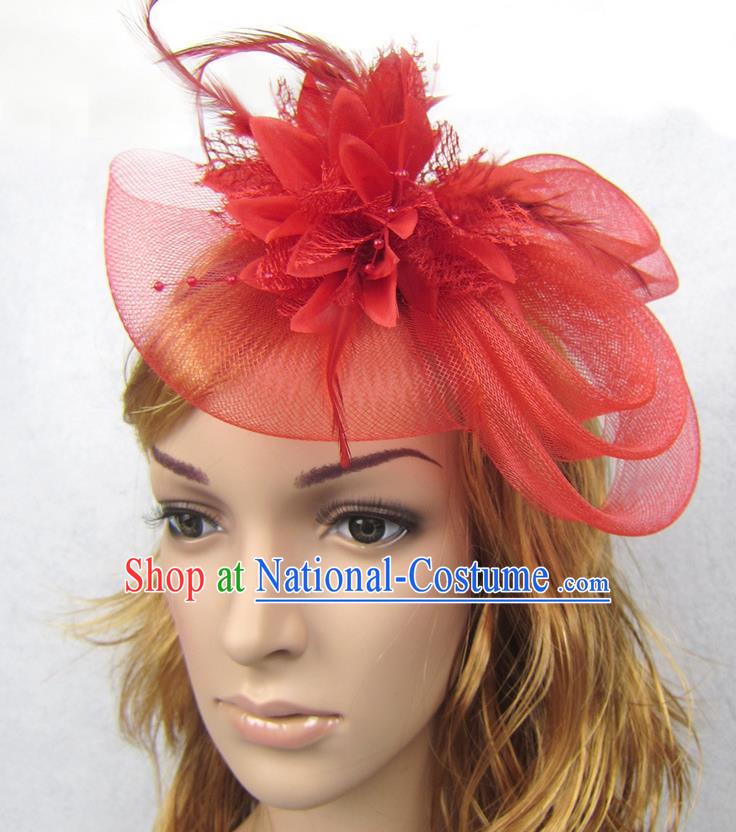 Top Modern Dance Hair Accessories Hair Clasp, Female Red Flower Veil Top Hat Ornament Headband for Women