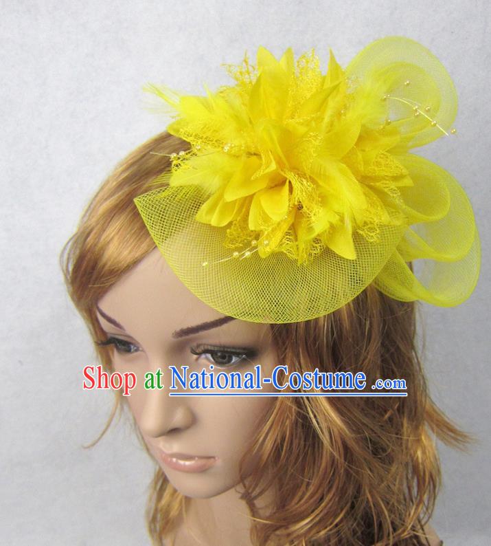 Top Modern Dance Hair Accessories Hair Clasp, Female Yellow Flower Veil Top Hat Ornament Headband for Women