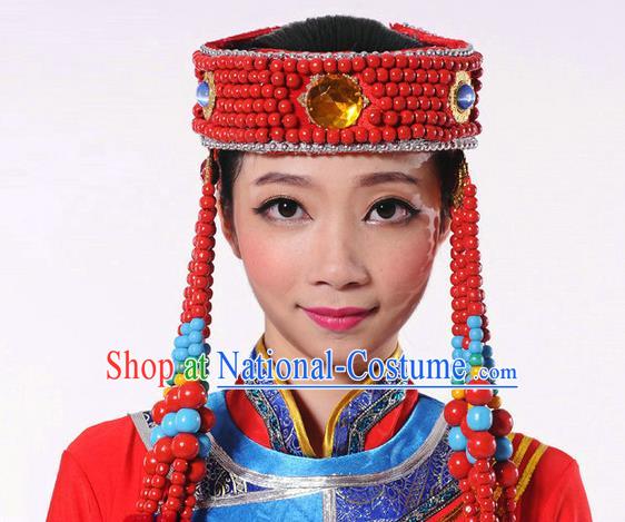 Traditional Chinese Mongol Nationality Dance Headwear, Mongols Female Folk Dance Hair Accessories, Chinese Mongolian Minority Princess Hat for Women