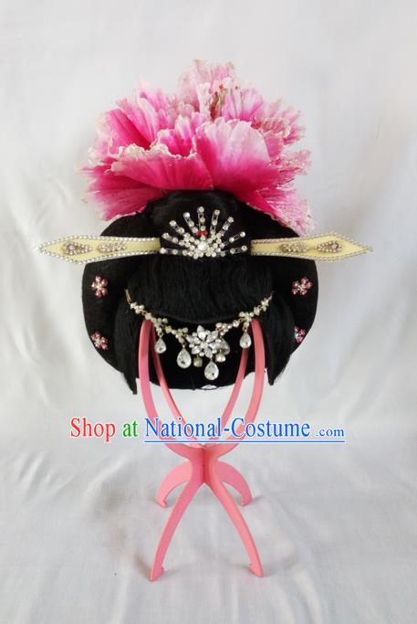 Traditional Chinese Peking Opera Imperial Concubine Headgear Wigs and Hair Accessories Complete Set, China Tang Dynasty Palace Lady High-grade Headwear for Women