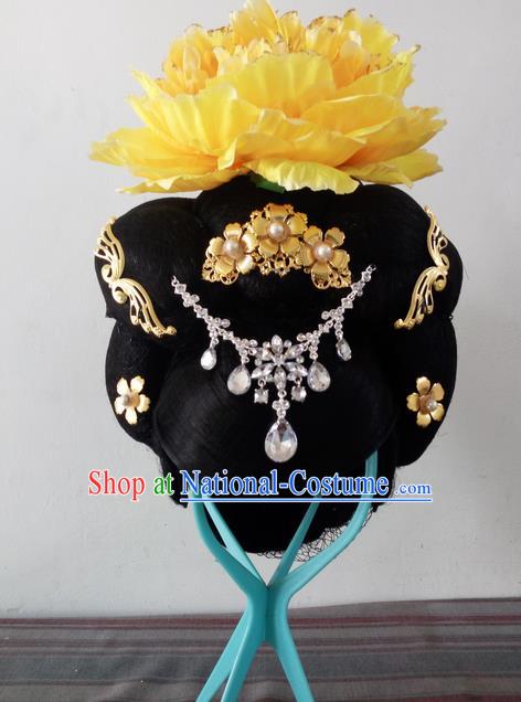 Traditional Chinese Peking Opera Flying Dance Headgear Wigs and Hair Accessories Complete Set, China Tang Dynasty Imperial Consort High-grade Headwear for Women