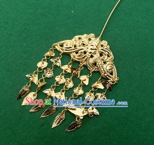 Traditional Chinese Ancient Classical Miao Silver Handmade Bride Wedding Hair Accessories Golden Tassel Hairpin for Women