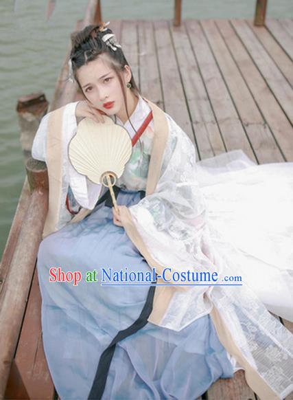 Traditional Chinese Ancient Jin Dynasty Princess Costumes, China Hanfu Embroidered Cardigan Blouse and Ru Skirt Complete Set for Women