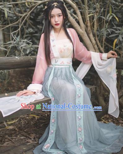 Traditional Chinese Ancient Tang Dynasty Young Lady Costumes, China Princess Hanfu Embroidered Suspenders Blouse and Ru Skirt Complete Set for Women