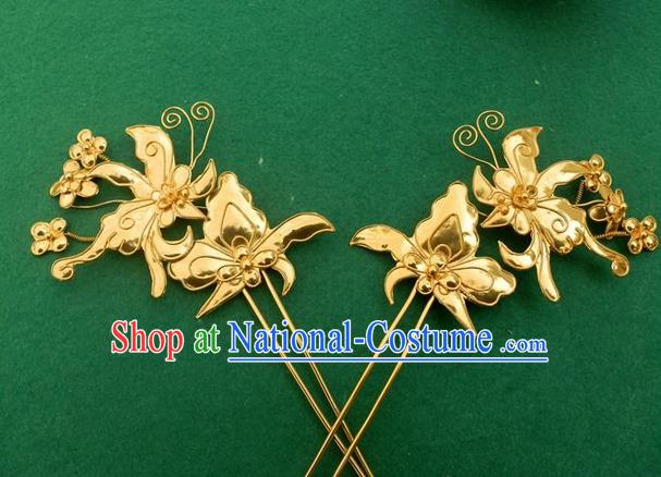 Traditional Chinese Ancient Classical Handmade Love of Butterfly Hairpin Jewelry Accessories Hanfu Palace Golden Combs and Sticks for Women