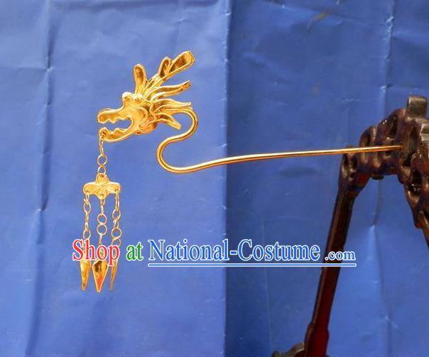 Traditional Chinese Ancient Classical Handmade Dragon Head Tassel Golden Hairpin Jewelry Accessories Hanfu Classical Palace Combs and Sticks for Women