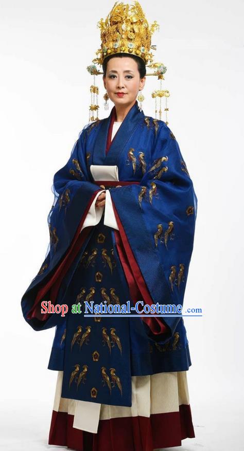 Chinese Ancient Tang Dynasty Queen Mother Costume and Headpiece Phoenix Coronet Complete Set, Traditional Chinese Ancient Imperial Empress Dowager Trailing Dress for Women