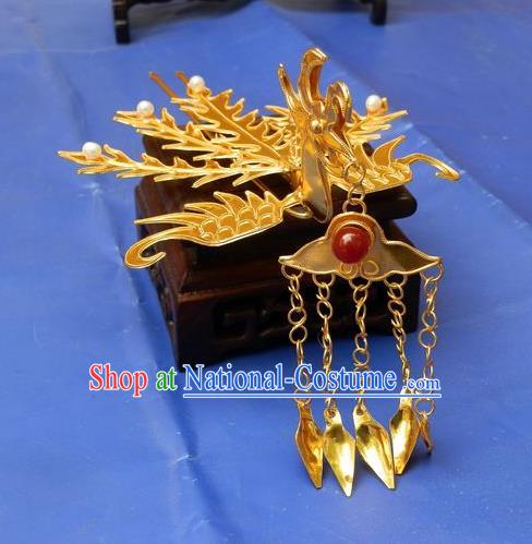 Traditional Handmade Chinese Ancient Classical Hair Accessories Barrettes Phoenix Hairpins, Palace Princess Tassel Golden Step Shake Hair Claws for Women