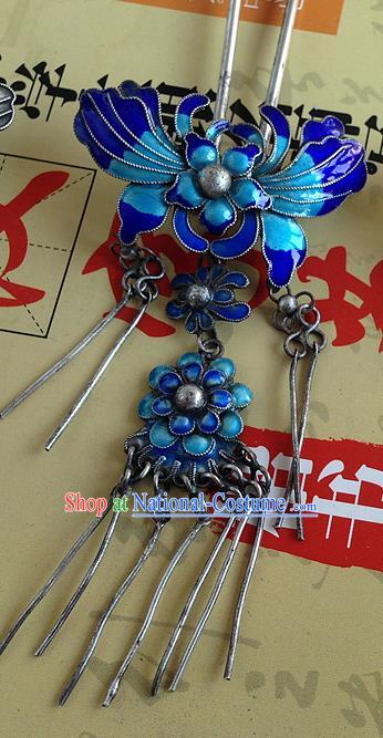 Traditional Handmade Chinese Ancient Classical Hair Accessories Barrettes Sliver Blueing Hairpin, Butterfly Step Shake Hair Sticks Tassel Hairpins for Women