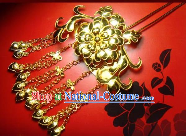 Traditional Handmade Chinese Ancient Classical Hanfu Hair Accessories Barrettes Golden Tassel Step Shake, Wedding Bride Hair Sticks Hair Fascinators Hairpins for Women