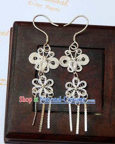 Traditional Handmade Chinese Ancient Classical Earrings Accessories Pure Sliver Tassel Flowers Eardrop for Women