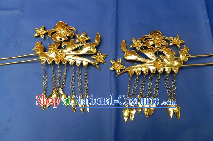 Traditional Handmade Chinese Ancient Classical Hair Accessories Barrettes Golden Phoenix Hairpins, Step Shake Hair Sticks Hair Jewellery for Women