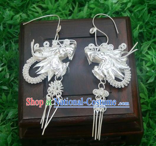 Traditional Handmade Chinese Miao Nationality Ancient Classical Dragon Head Earrings Accessories Pure Sliver Eardrop for Women