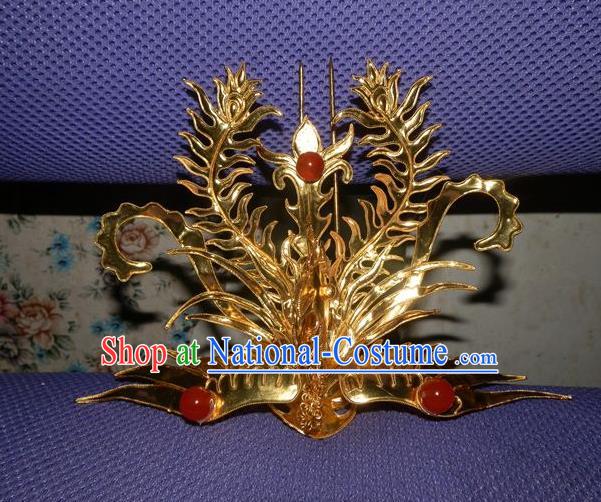 Traditional Handmade Chinese Ancient Classical Hair Accessories Barrettes Phoenix Crown Golden Hairpins, Step Shake Hair Sticks Hair Jewellery for Women