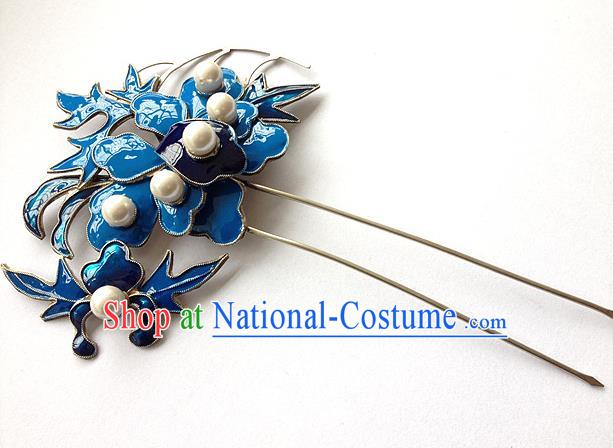 Traditional Handmade Chinese Ancient Classical Hair Jewelry Accessories, China Hanfu Hairfork Hairpins Imperial Princess Blueing Barrettes Hair Stick for Women