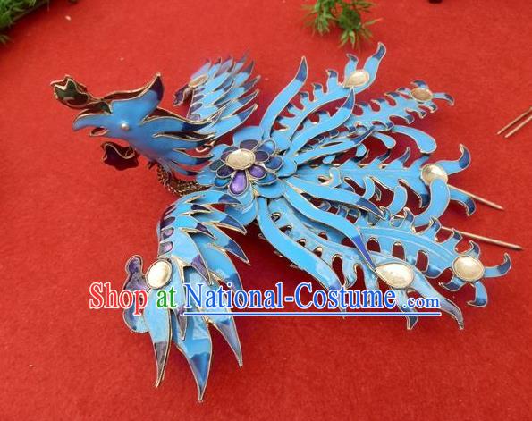 Traditional Handmade Chinese Ancient Classical Hair Accessories Headwear Barrettes Hanfu Hairpins, Ming Dynasty Imperial Blueing Phoenix Crown Step Shake Hair Clasps Hair Jewellery for Women