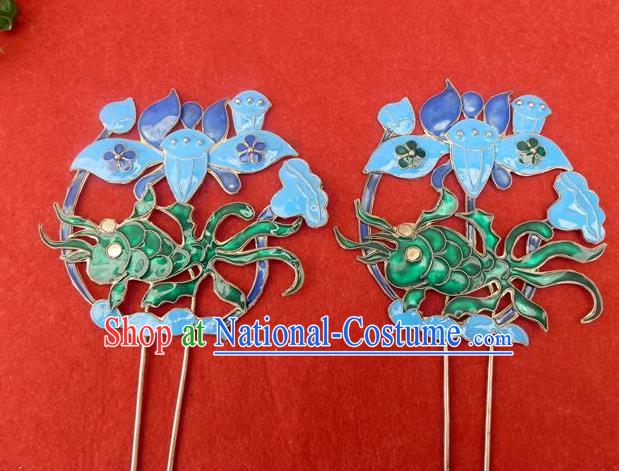 Traditional Handmade Chinese Ancient Classical Hair Accessories Headwear Barrettes Hanfu Hairpins, Ming Dynasty Imperial Blueing Fish Step Shake Hair Clasps Hair Jewellery for Women