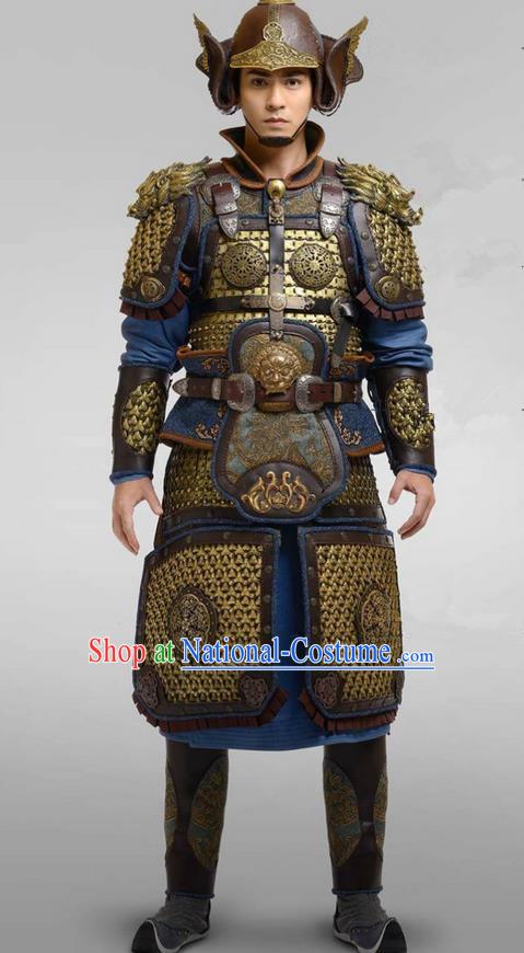 Chinese Ancient Tang Dynasty General Armour Costume and Headwear Complete Set, Traditional Chinese Ancient Warrior Swordsman Helmet Clothing for Men