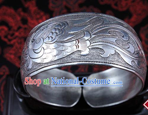 Traditional Chinese Miao Nationality Accessories Bracelet, Hmong Female Ethnic Pure Sliver Phoenix Bangle for Women