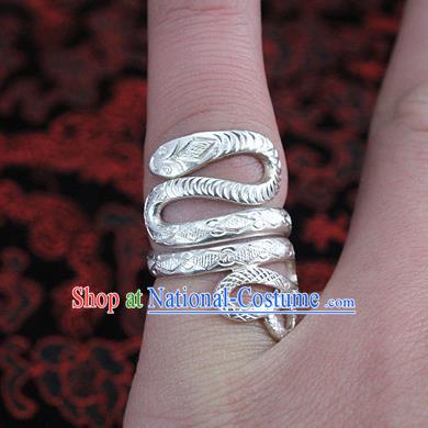 Traditional Chinese Miao Nationality Accessories Rings, Hmong Female Ethnic Pure Sliver Snake Finger Ring for Women