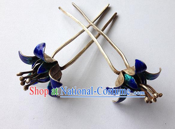 Traditional Handmade Chinese Ancient Classical Hair Accessories Barrettes, Bride Wedding Step Shake Hair Sticks Blueing Hairpins for Women