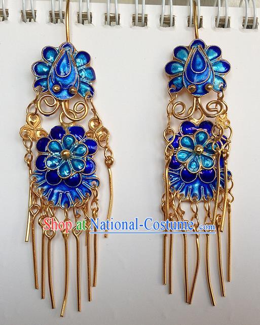 Traditional Handmade Chinese Ancient Classical Jewellery Accessories Blueing Earrings, Ming Dynasty Wedding Gilding Tassel Eardrop for Women