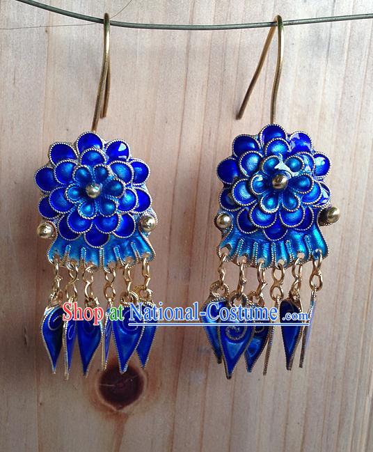 Traditional Handmade Chinese Ancient Classical Jewellery Accessories Blueing Earrings, Ming Dynasty Wedding Gilding Tassel Eardrop for Women