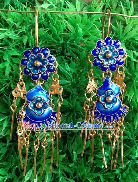 Traditional Handmade Chinese Ancient Classical Jewellery Accessories Blueing Earrings, Ming Dynasty Wedding Gilding Tassel Eardrop for Women