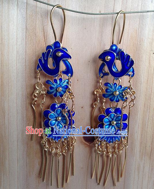 Traditional Handmade Chinese Ancient Classical Jewellery Accessories Blueing Earrings, Ming Dynasty Wedding Gilding Tassel Eardrop for Women