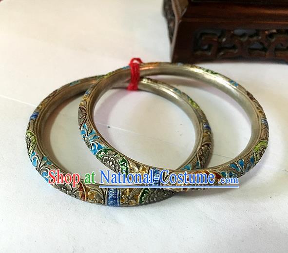 Traditional Chinese Miao Nationality Accessories Hollow Bracelet, Hmong Female Ethnic Pure Sliver Blueing Bangle for Women