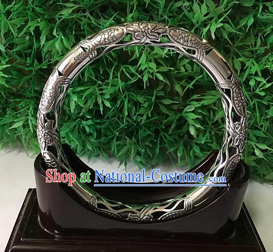 Traditional Chinese Miao Nationality Accessories Hollow Bracelet, Hmong Female Ethnic Pure Sliver Bangle for Women