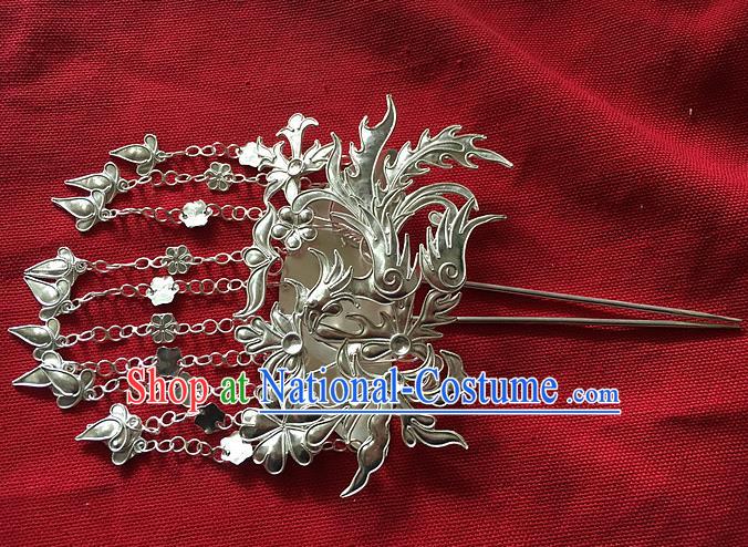 Traditional Handmade Chinese Ancient Classical Hair Accessories Barrettes Phoenix Hairpin, Pure Sliver Step Shake Long Tassel Hair Sticks for Women