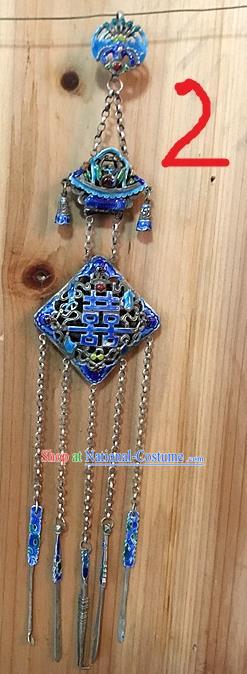 Traditional Handmade Chinese Ancient Classical Accessories Pure Sliver Blueing Pendant Tassel Waist Pendent Hi-word Character Sweater Chain for Women